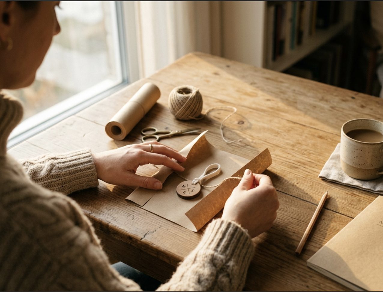 Manos de una emprendedora envolviendo un pedido artesanal: el negocio que VIIInoor ayuda a ordenar
